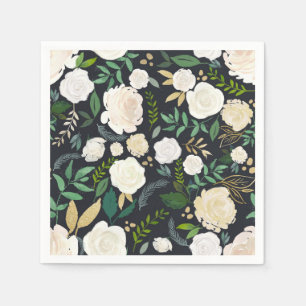 Muted Ivory Floral Pattern with Greenery Black Napkin