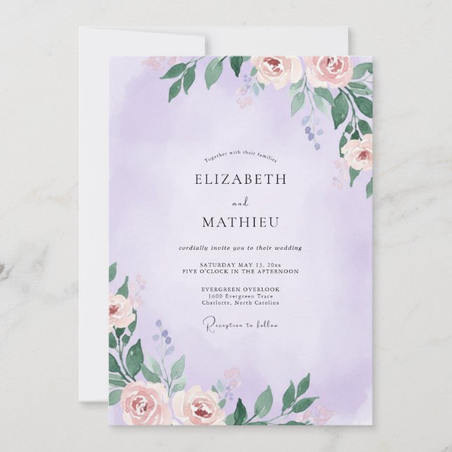 Muted Lavender Painted Leaf Wedding Invitation (Front)