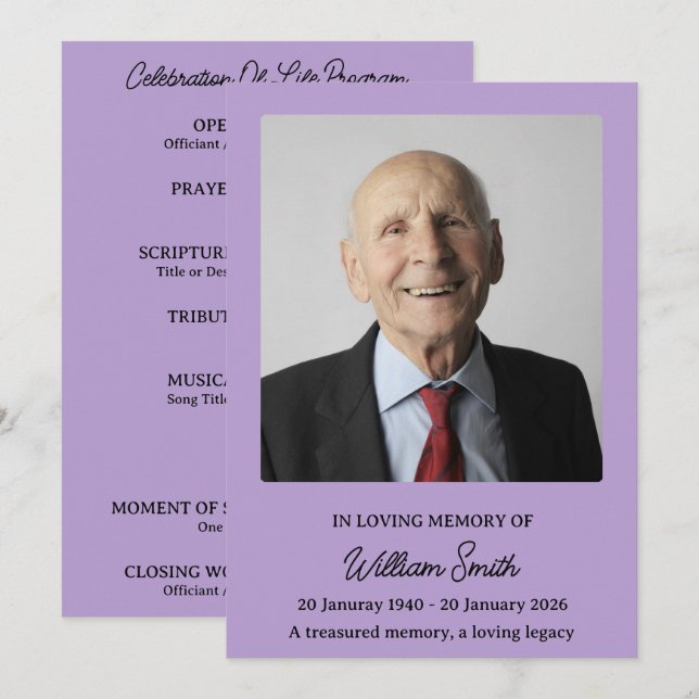 Muted Lavender Tribute Funeral Program Programme (Front/Back)