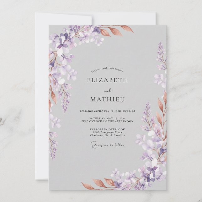 Muted Lilac Grey Leafy Wedding Invitation (Front)