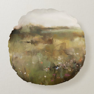 Muted Meadow Abstract Landscape Wildflower Art Round Cushion