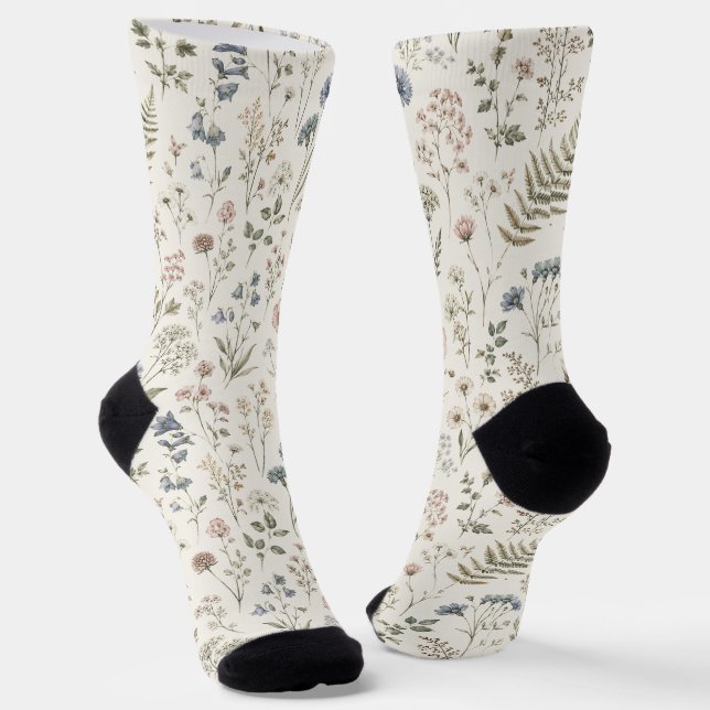 Muted Minimalist Scandinavian Wild Blooms Socks (Angled)