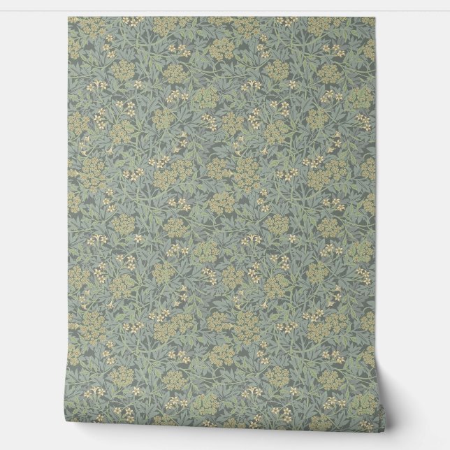 Muted Mint & Pale Straw Листья William Morris Wallpaper (Unrolling)