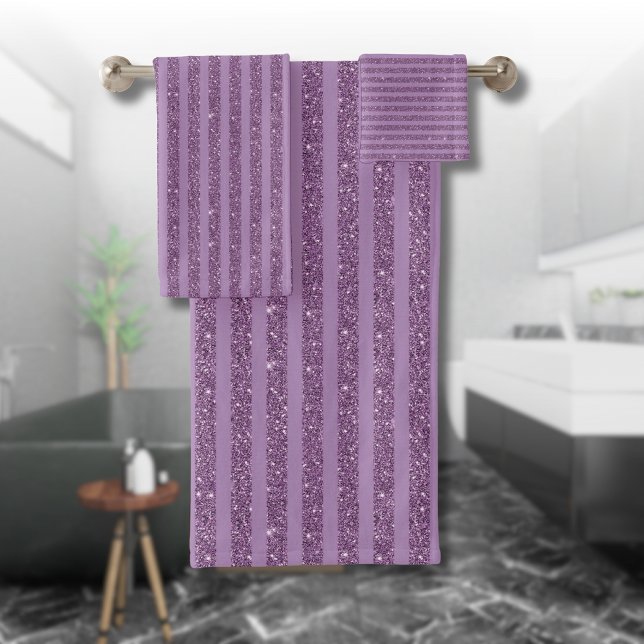 Muted Mulberry Glitter Style Horizontal Stripes Bath Towel Set (Creator Uploaded)