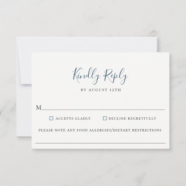 Muted Navy Blue Wedding Food Allergy RSVP Card (Front)