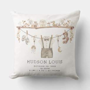 Muted Neutral Boho Baby Boy Nursery Birth Stats Cushion