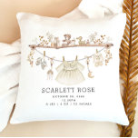 Muted Neutral Boho Baby Girl Nursery Birth Stats Cushion<br><div class="desc">This pillow captures the essence of modern elegance with a touch of bohemian charm, featuring a delightful illustration of a baby girl dress and a collection of charming baby elements like toys and shoes. Rendered in soft muted neutral tones, this pillow is not only a cosy nursery accessory but also...</div>