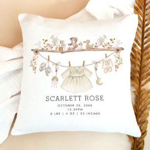 Muted Neutral Boho Baby Girl Nursery Birth Stats Cushion