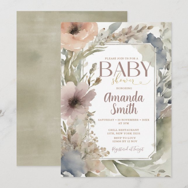 Muted Neutral Wildflowers Baby Shower Watercolor Invitation (Front/Back)