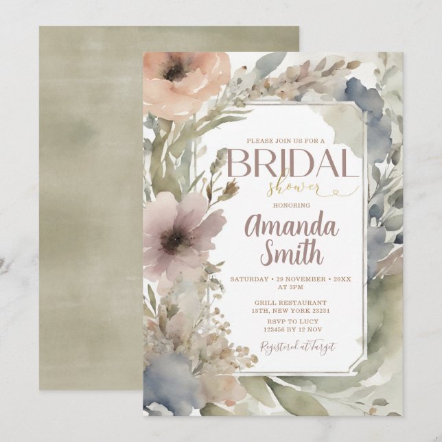 Muted Neutral Wildflowers Bridal Shower Watercolor Invitation (Front/Back)