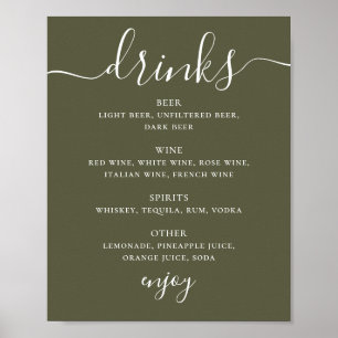 Muted Olive Green Wedding Bar   Modern Drinks Menu Poster