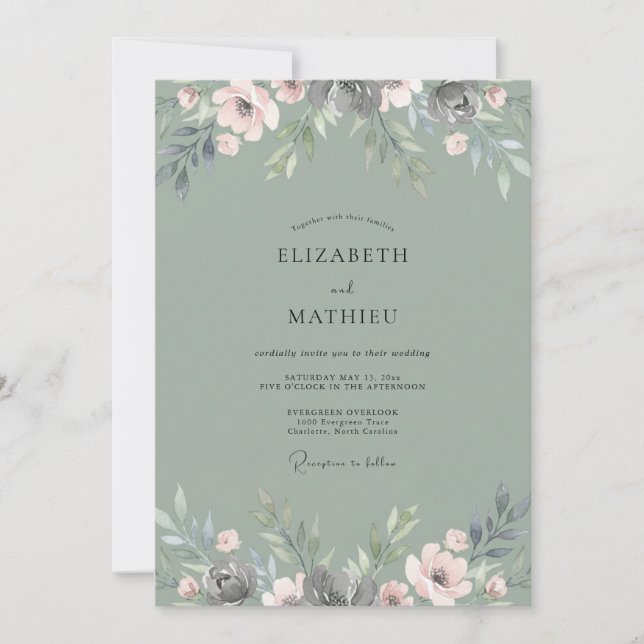 Muted Olive Petal Wedding Invitation (Front)