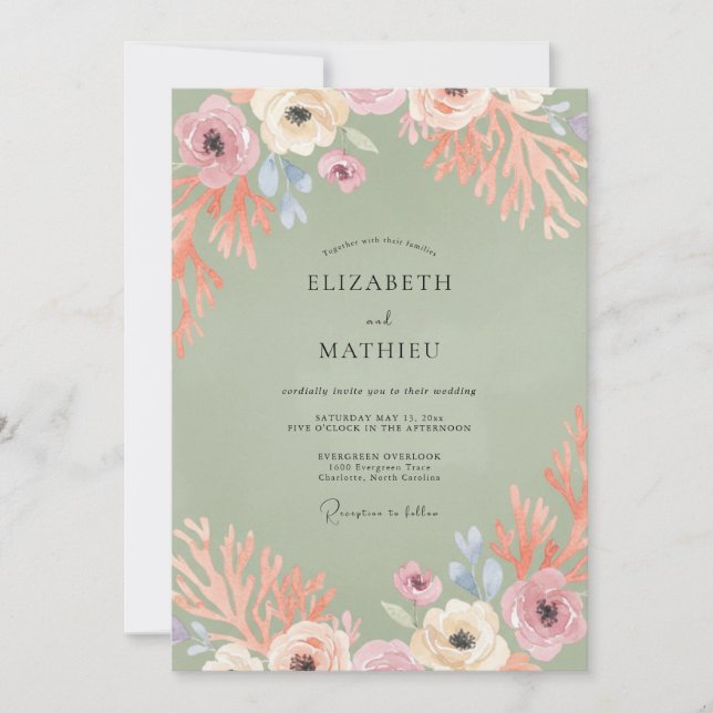 Muted Olive Wildflower Wedding Invitation (Front)