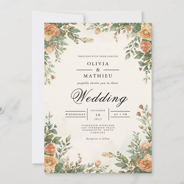 Muted Orange Blossom Botanical Wedding Invitation (Front)