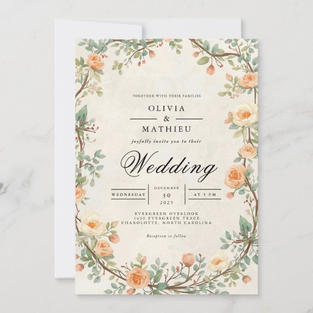 Muted Orange Floral Archway Wedding Invitation (Front)