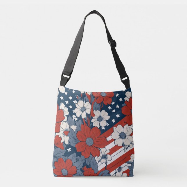 Muted Pastel American Flag and Flowers Crossbody Bag (Front)