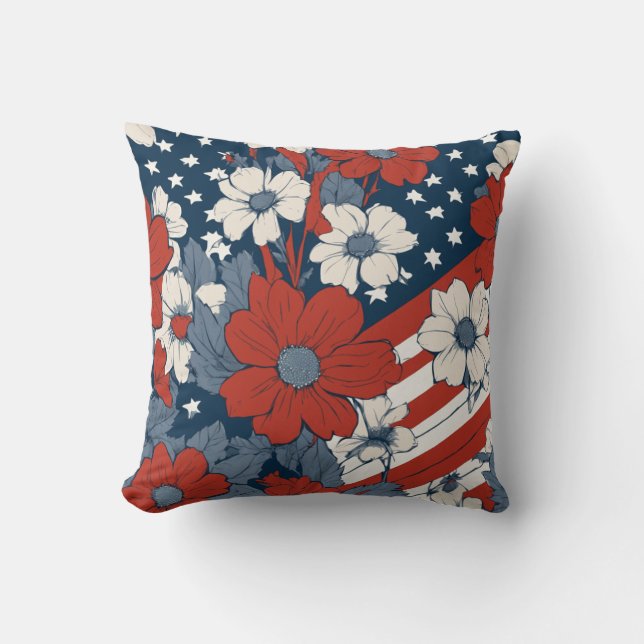 Muted Pastel American Flag and Flowers Cushion (Front)