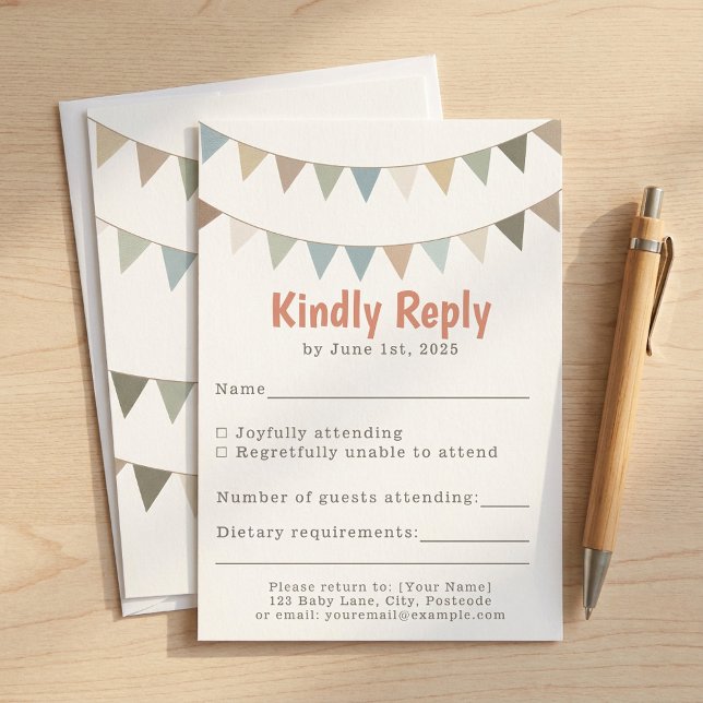 Muted pastel bunting baby shower RSVP insert Card (Muted pastel bunting baby shower RSVP insert.)