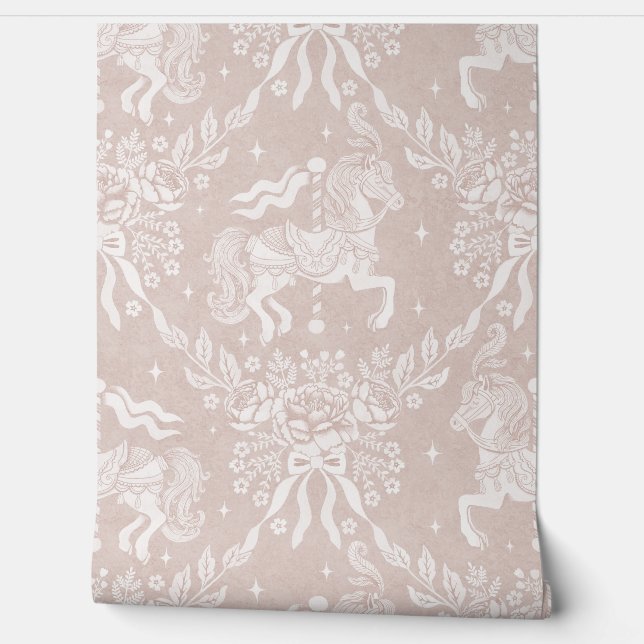 Muted Pastel Pink Rococo Carousel Horses & Florals Wallpaper (Unrolling)