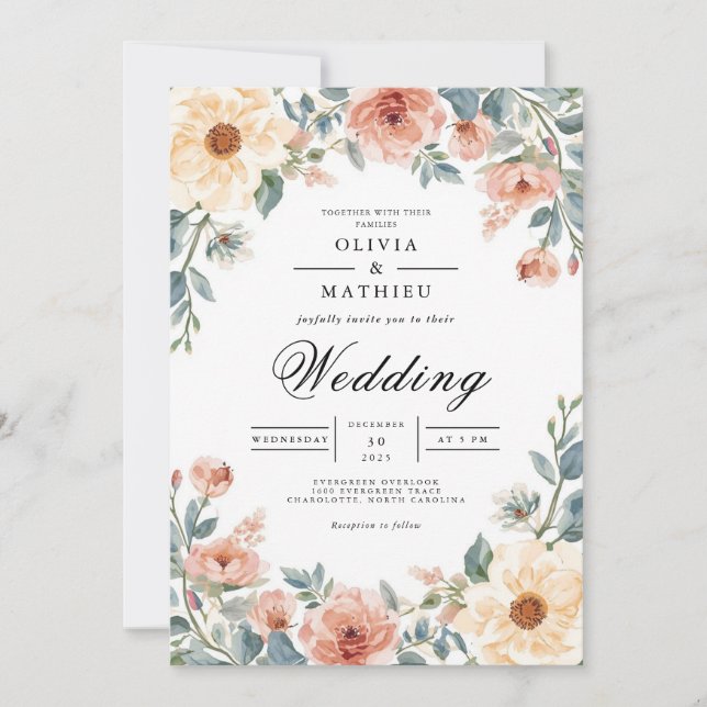 Muted Peach Floral Arch Wedding Invitation (Front)