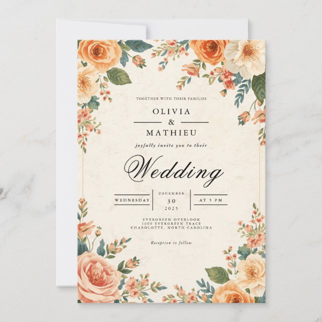 Muted Peach Floral Frame Wedding Invitation (Front)