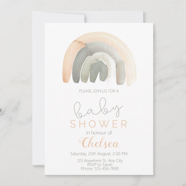 Muted Peach & Gray Watercolour Rainbow Baby Shower Invitation (Front)