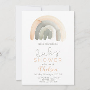 Muted Peach & Grey Watercolour Rainbow Baby Shower Invitation