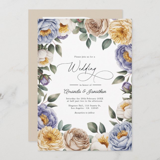 Muted Periwinkle, Buttercream, and Greige Wedding Invitation (Front/Back)