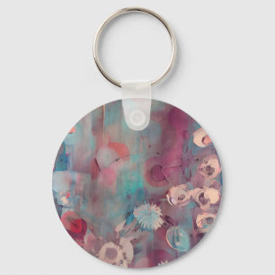 Muted pink and blue abstract flowers key ring
