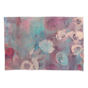 Muted pink and blue abstract flowers pillowcase