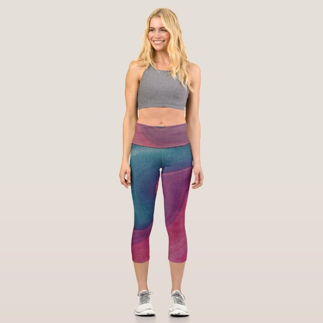 Muted Pink and Blue Abstract Waves Capri Leggings (Front)