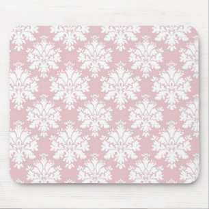 muted pink and white cream damask pattern mouse mat