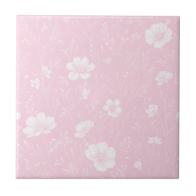 Muted Pink And White Wildflower Pattern Tile (Front)