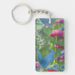 Muted pink, blue and White floral Key Ring