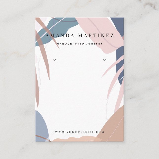 Muted Pink & Blue Tropical Leaf Earring Display Business Card (Front)