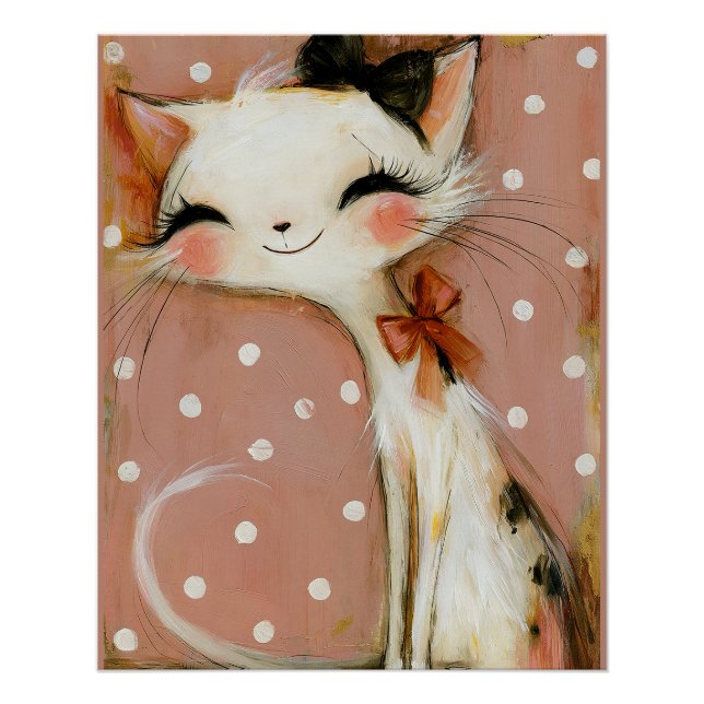 Muted Pink Crimson Red Smiling Cat Poster (Front)