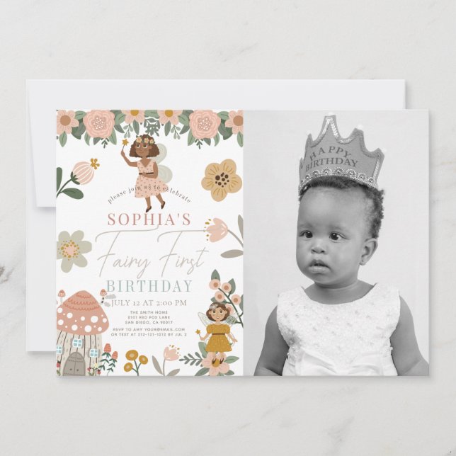 Muted Pink Floral Fairy First Birthday Photo Invitation (Front)