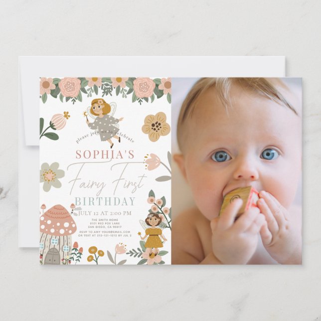 Muted Pink Floral Fairy First Birthday Photo Invitation (Front)