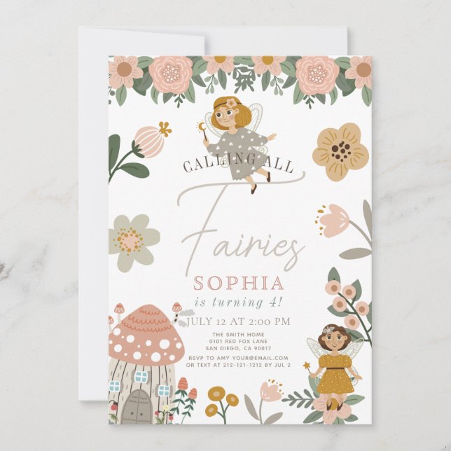 Muted Pink Floral Fairy Girl Birthday Invitation (Front)