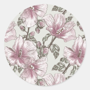 Muted Pink Hibiscus Flowers Pattern Classic Round Sticker