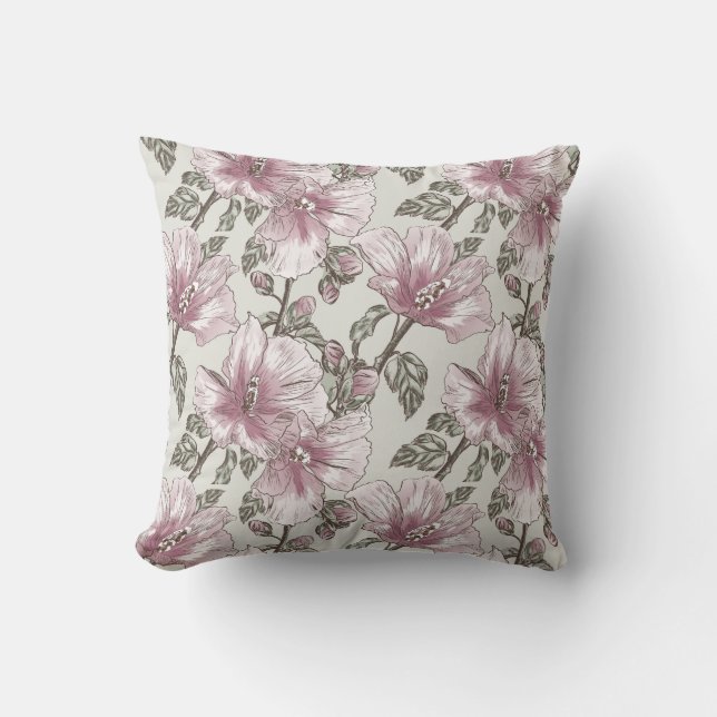 Muted Pink Hibiscus Flowers Pattern Cushion (Front)