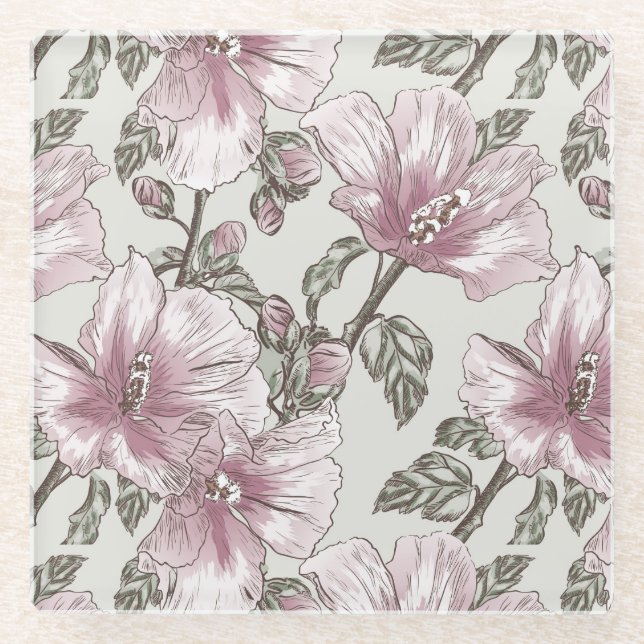 Muted Pink Hibiscus Flowers Pattern Glass Coaster (Front)
