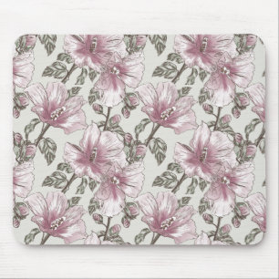 Muted Pink Hibiscus Flowers Pattern Mouse Mat
