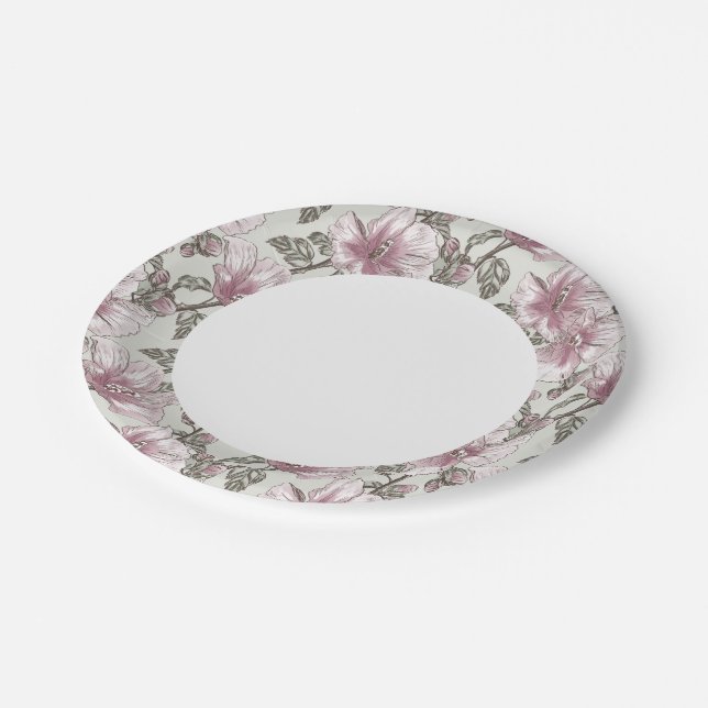 Muted Pink Hibiscus Flowers Pattern Paper Plate (Angled)