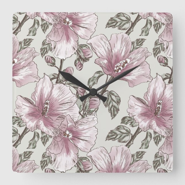 Muted Pink Hibiscus Flowers Pattern Square Wall Clock (Front)