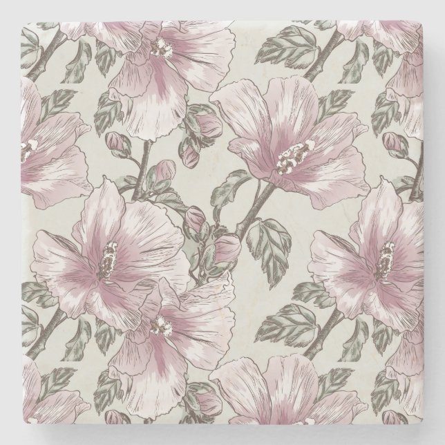 Muted Pink Hibiscus Flowers Pattern Stone Coaster (Front)