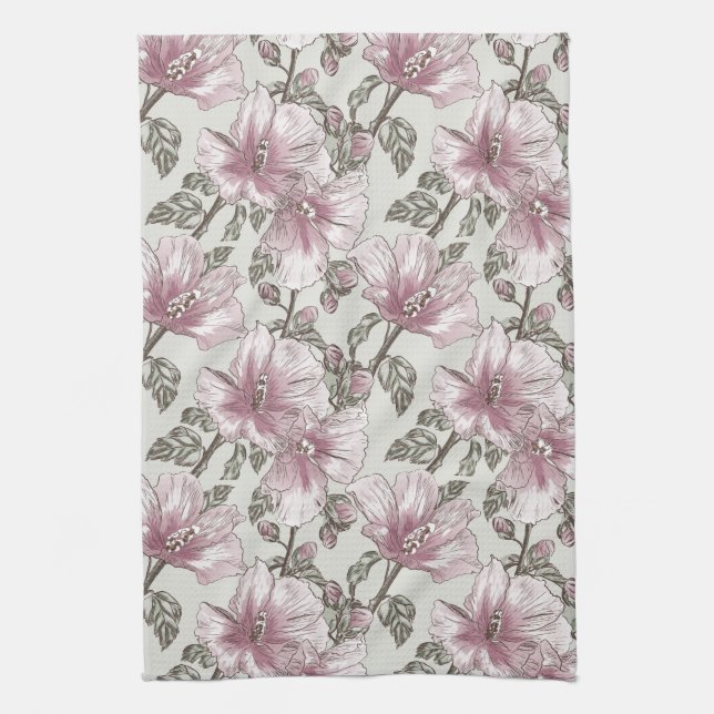 Muted Pink Hibiscus Flowers Pattern Tea Towel (Vertical)