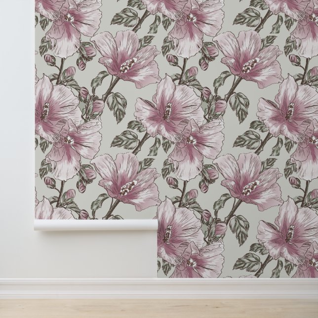 Muted Pink Hibiscus Flowers Pattern Wallpaper (Application)