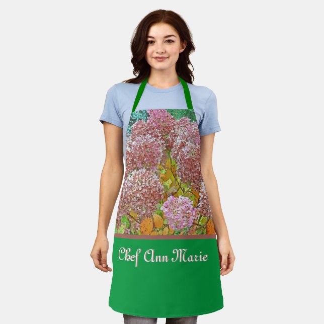 MUTED PINK HYDRANGEAS/PERSONALIZE WITH NAME APRON (Worn)