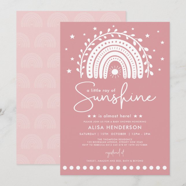 Muted Pink Ray of Sunshine Rainbow Baby Shower Invitation (Front/Back)
